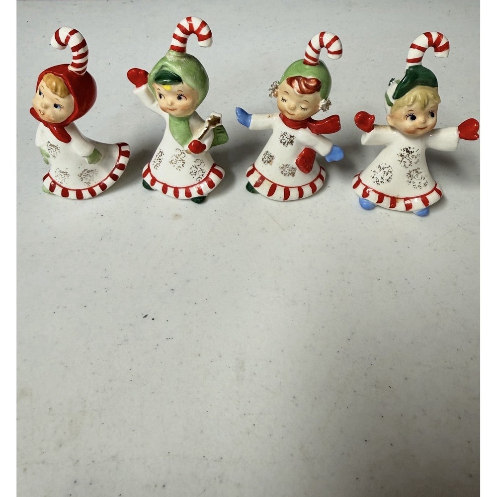 Vtg Lefton Christmas Candy Cane Kids Set of 4 Pixie Elves 625 Japan READ